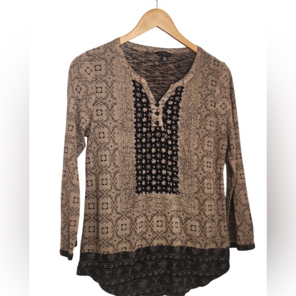 Lucky Brand Taupe and Black Printed Long Sleeve Henley